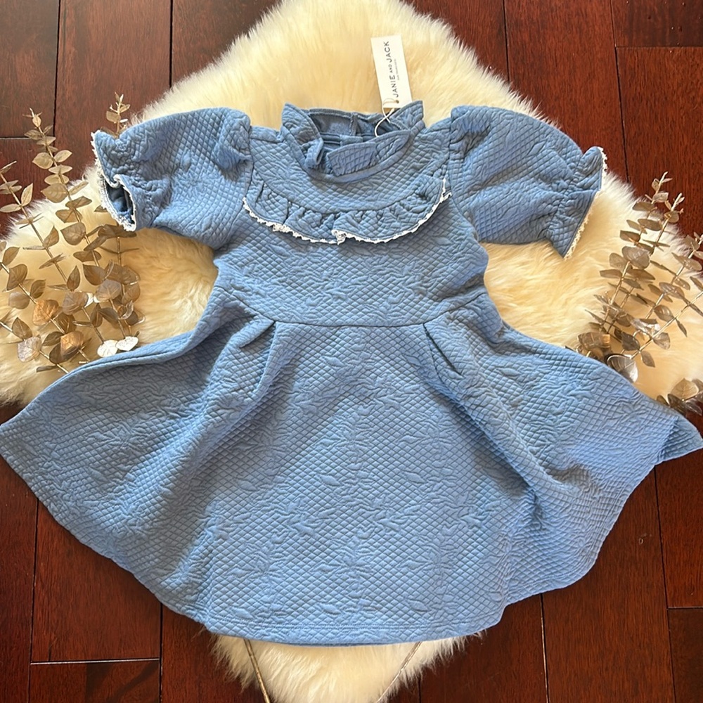 NWT Janie and Jack cornflower blue high collar puff sleeve girls party dress!